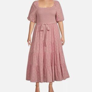 Plus Size Puff Sleeve Smocked Eyelet Lace Maxi Dress